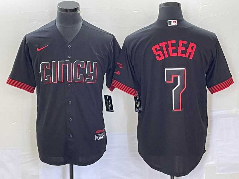 Mens Cincinnati Reds #7 Spencer Steer Black 2023 City Connect Cool Base Stitched Baseball Jersey 1